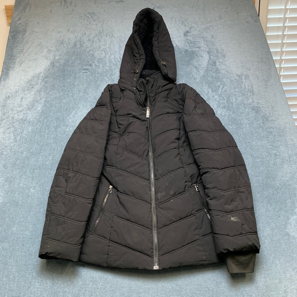 Nautica Puffer Jacket Womens Black Lined Detachable Hood Winter Warm Full Zip
